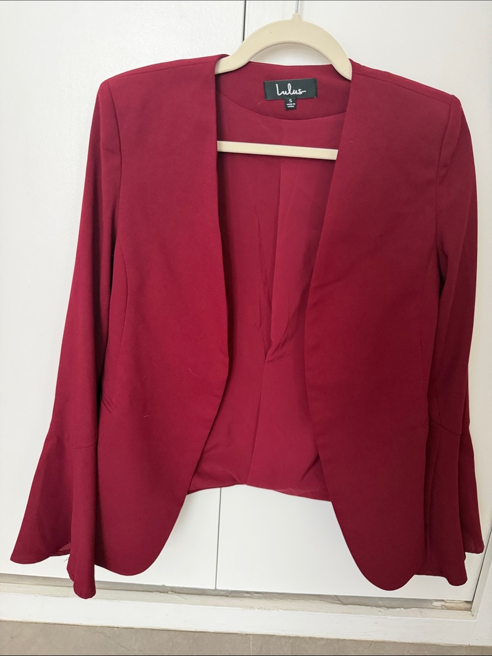 Lulu's Deep Burgundy Open-Front Blazer with Flared Sleeves